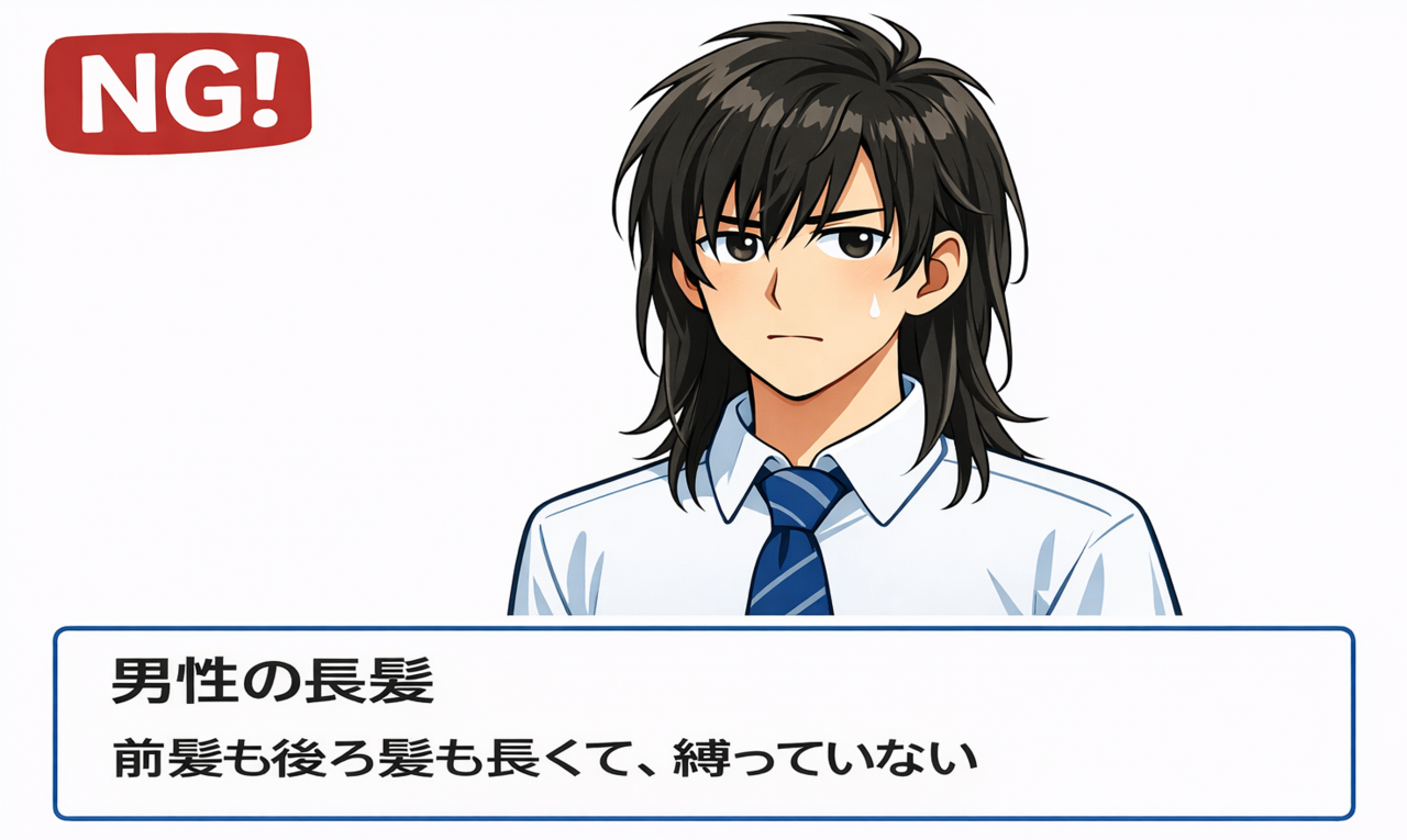 営業の髪型NG例2 男性の長髪 前髪も後ろ髪も長くて、縛っていない