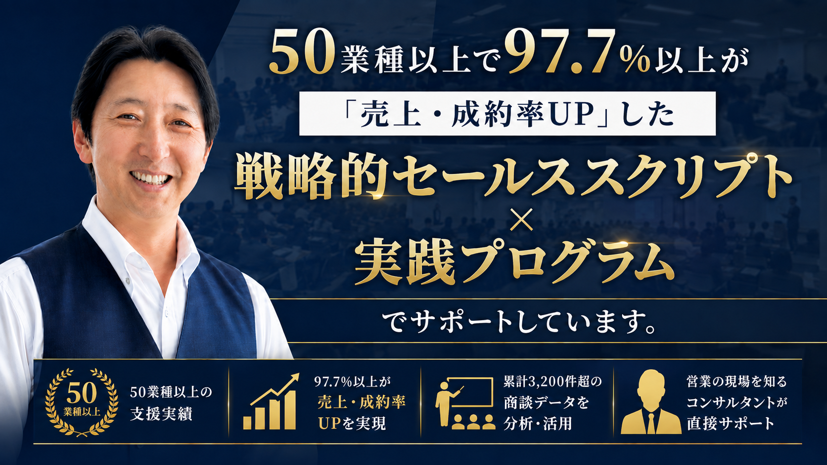 50業種以上で97.7％以上が売上・成約率UPした、戦略的セールススクリプトと実践プログラムでサポートしています。 50業種以上の支援実績。97.7％以上が売上・成約率UPを実現。累計3200件超の商談データを分析・活用。営業現場を知るコンサルタントが直接サポート。
